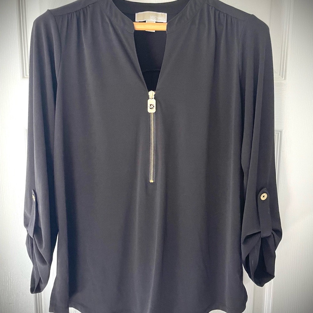 Michael Kors Black Relaxed Blouse with Mandarin Collar